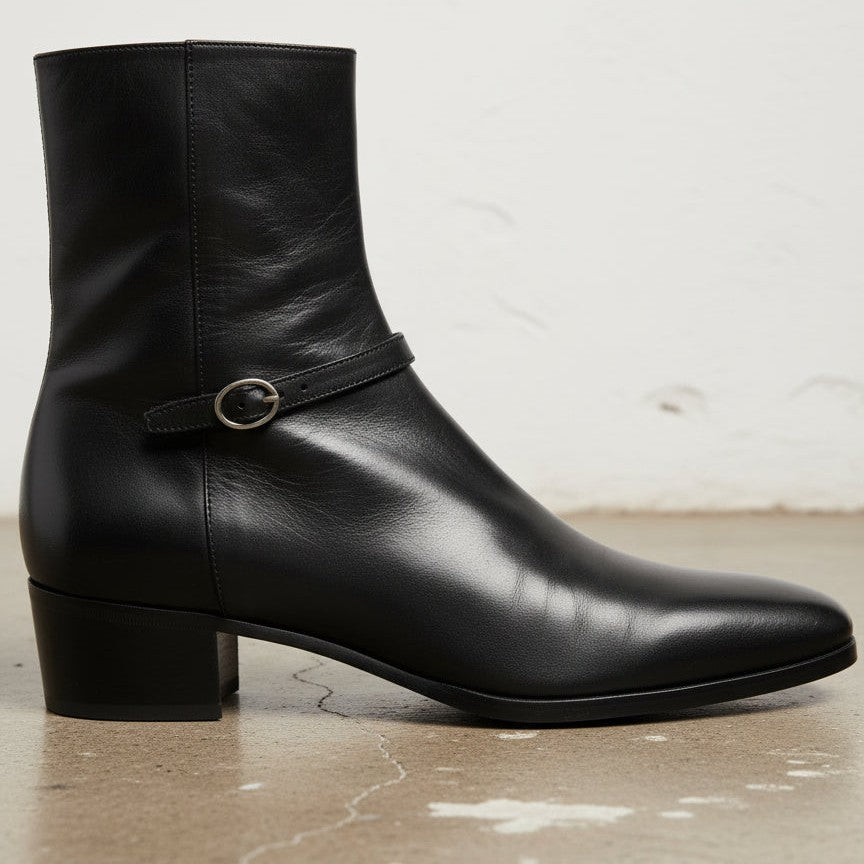Handmade Men's Black Leather Ankle Boots with Side Zip