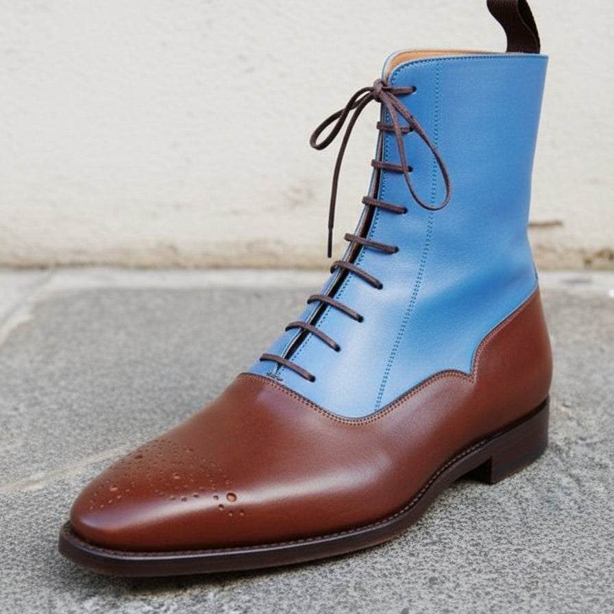Handcrafted Men's Leather Two-Tone Lace-Up Ankle Boots