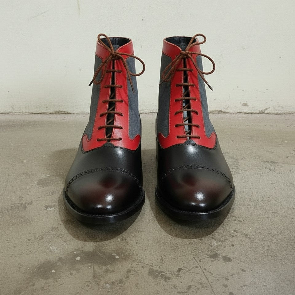 Handcrafted Men's Three-Tone Leather and Suede Ankle Boots