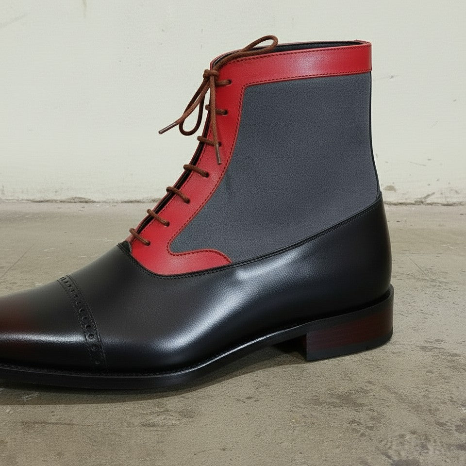 Handcrafted Men's Three-Tone Leather and Suede Ankle Boots
