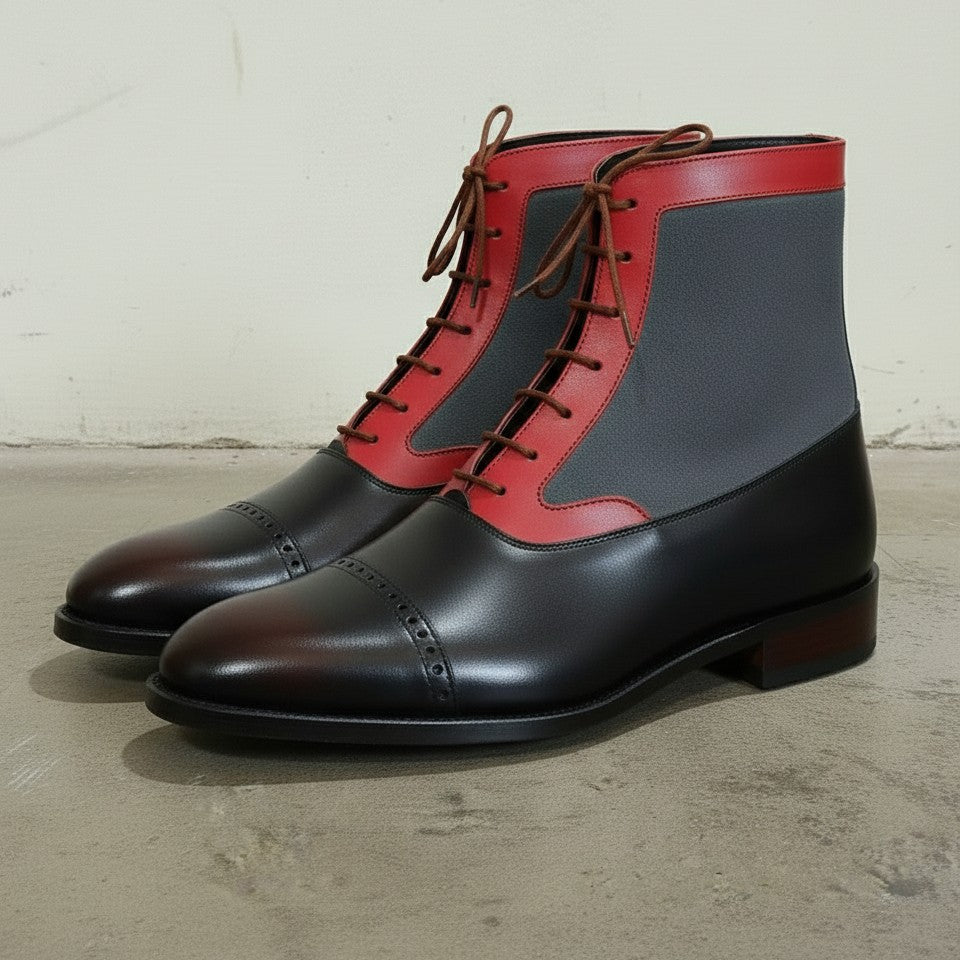 Handcrafted Men's Three-Tone Leather and Suede Ankle Boots