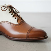 Handcrafted Men's Brown and White Lace-up Ankle Boots