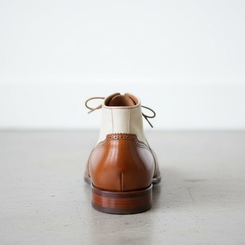 Handcrafted Men's Brown and White Lace-up Ankle Boots