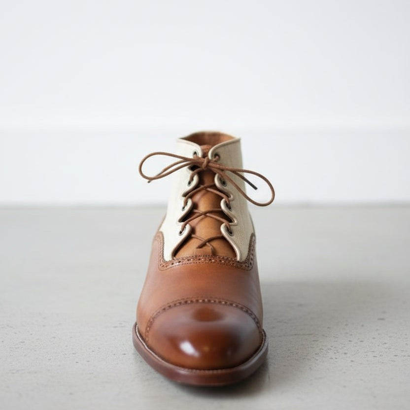 Handcrafted Men's Brown and White Lace-up Ankle Boots