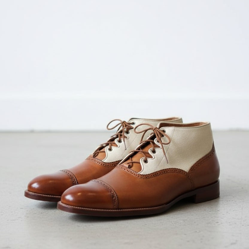 Handcrafted Men's Brown and White Lace-up Ankle Boots