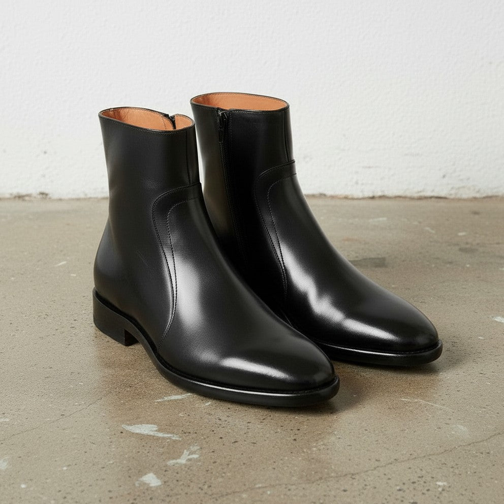 Handmade Men's Black Leather Side Zipper Ankle Boots