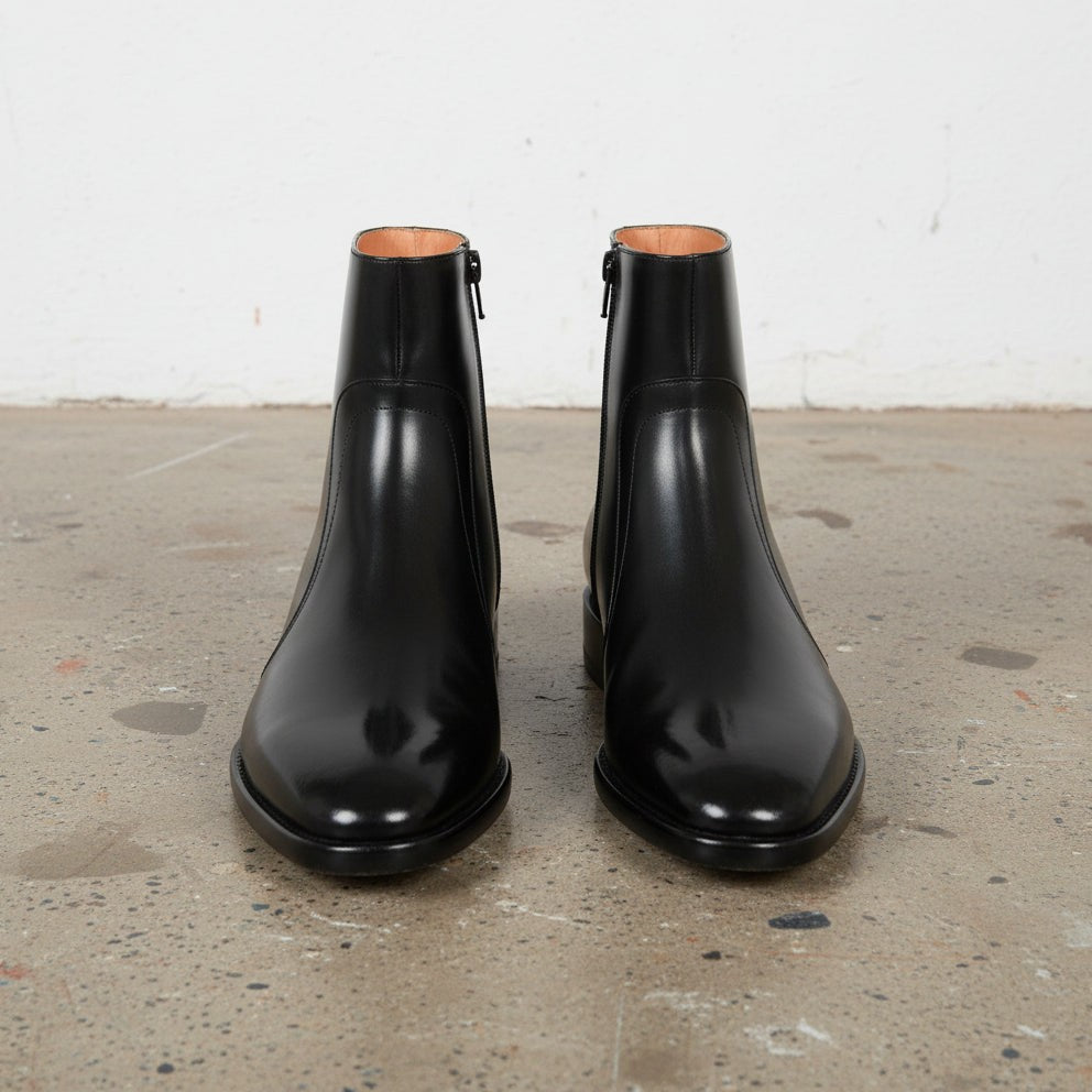 Handmade Men's Black Leather Side Zipper Ankle Boots