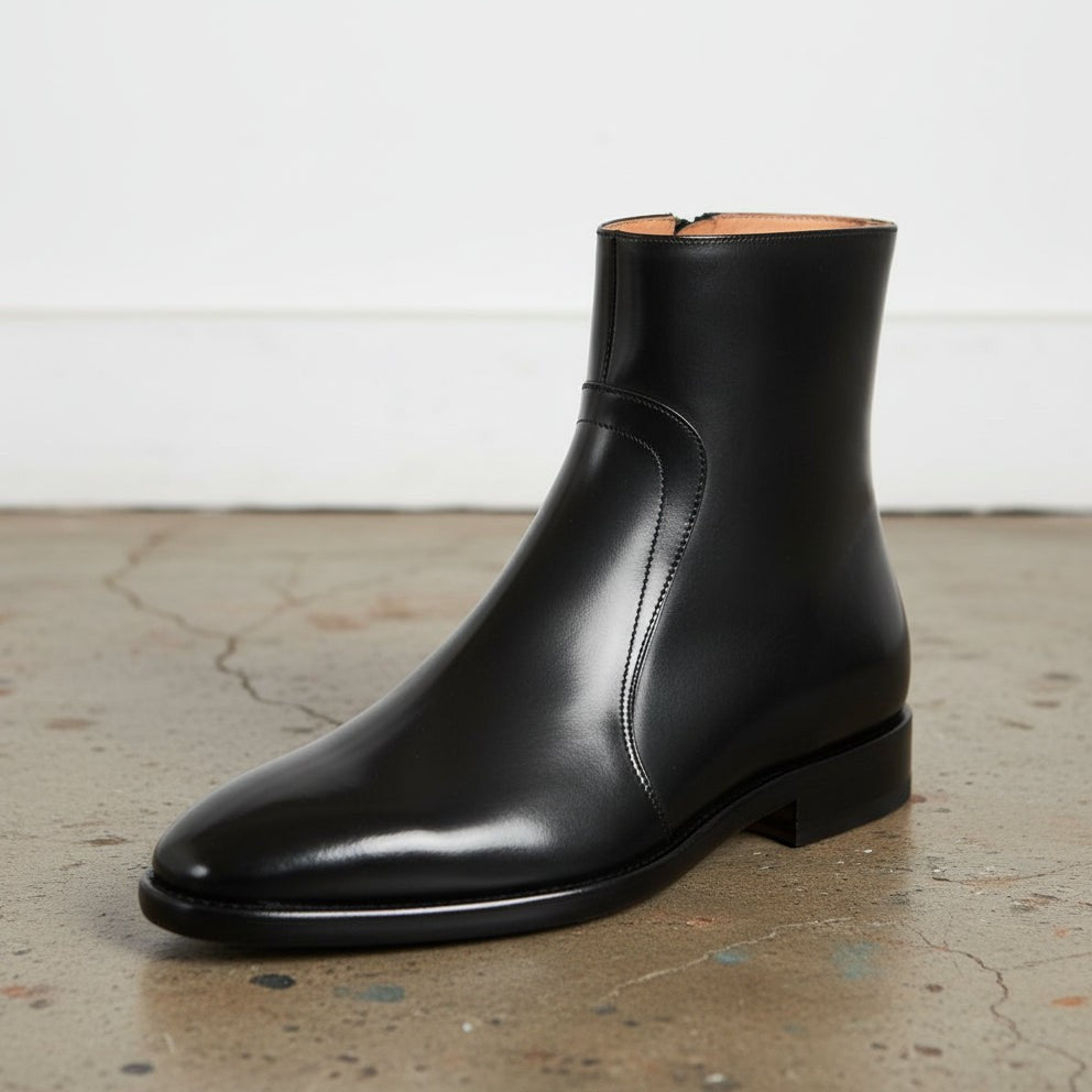 Handmade Men's Black Leather Side Zipper Ankle Boots