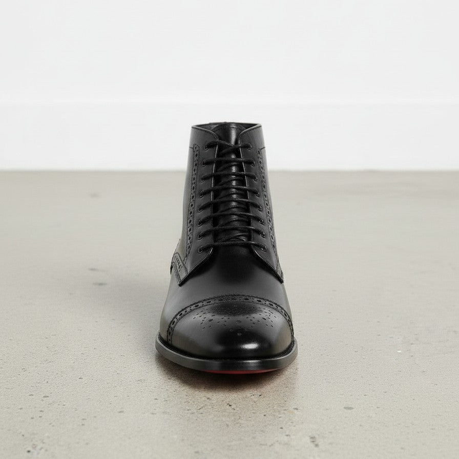 Handmade Men's Black Leather Ankle Brogue Dress Boots