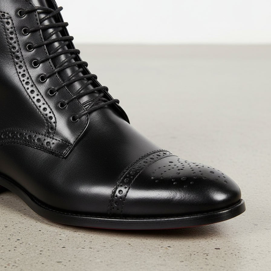 Handmade Men's Black Leather Ankle Brogue Dress Boots