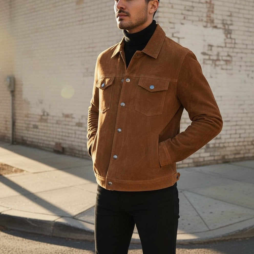 Men's Handmade Brown Suede Leather Trucker Jacket, Genuine Brown Western Soft Suede