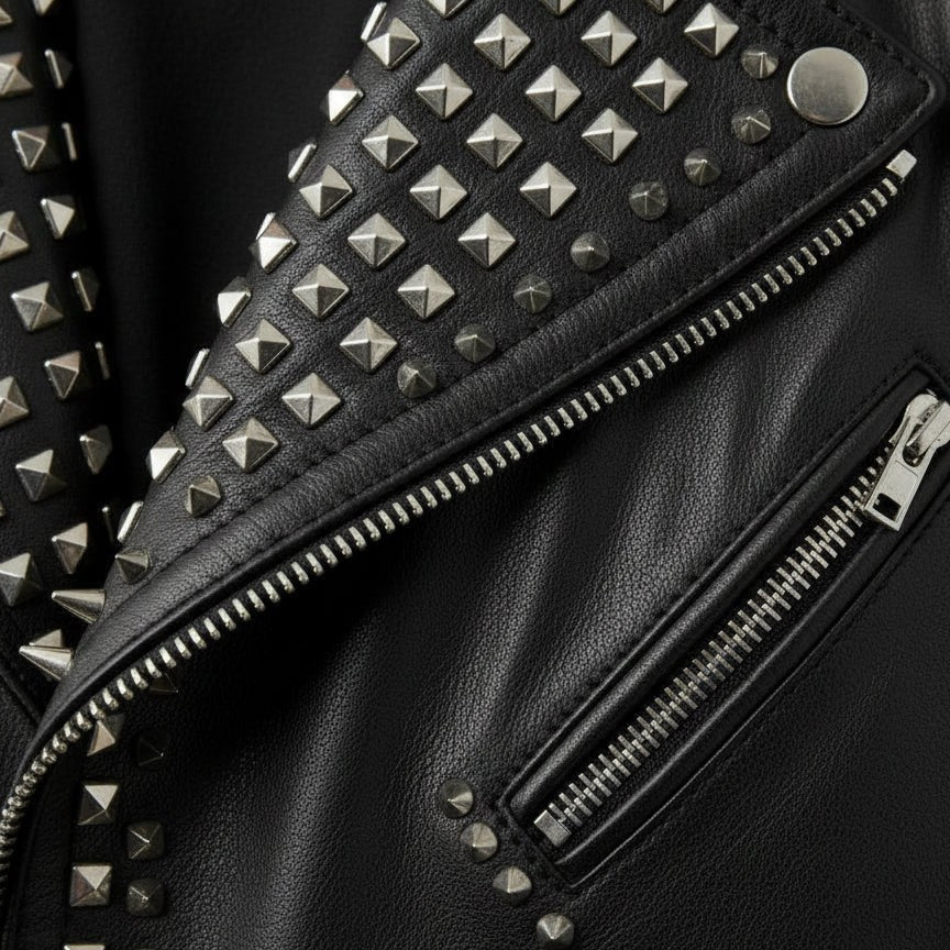 Handmade Men Punk Black Embroidered Jacket. Men Leather Rock Studded Spiked Jacket