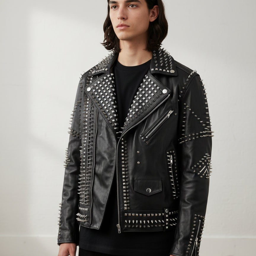 Handmade Men Punk Black Embroidered Jacket. Men Leather Rock Studded Spiked Jacket