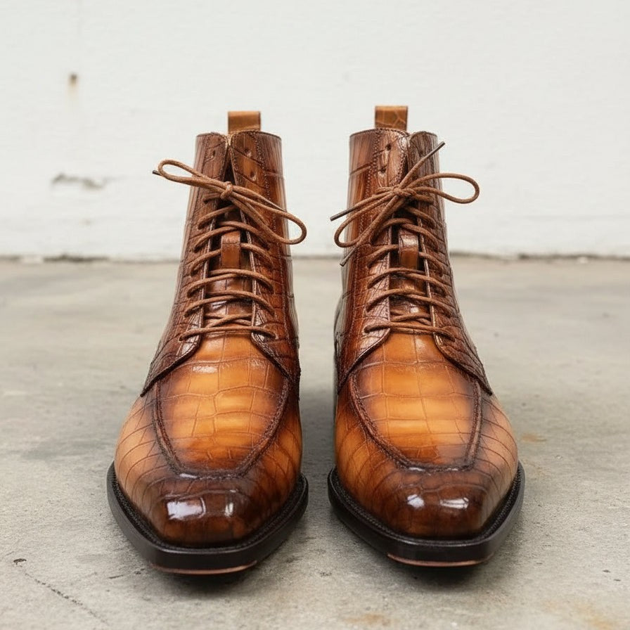 Men's Lace-up Tan Brown Crocodile Leather Ankle Boots US 6 / Tan / D - Standard Men's Lace-up Tan Brown Crocodile Leather Ankle Boots US 6 / Tan / D - Standard