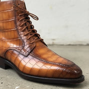 Handmade Men's Tan Brown Crocodile Leather Lace-up  Ankle Boots