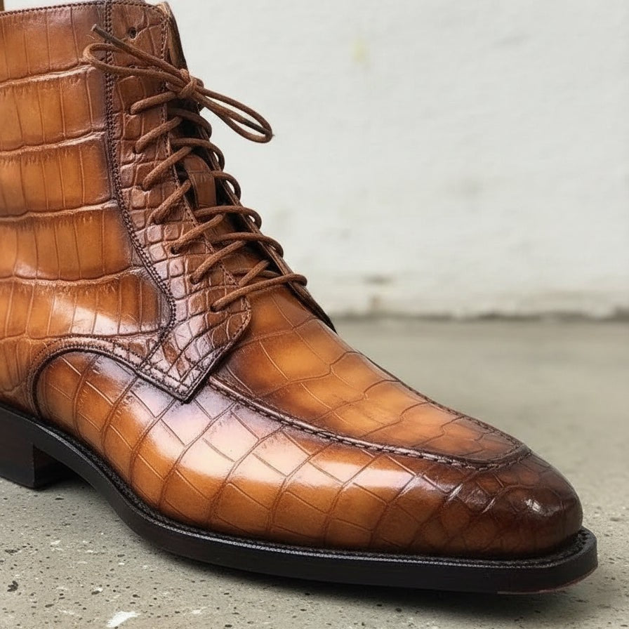 Handmade Men's Tan Brown Crocodile Leather Lace-up  Ankle Boots