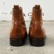 Handmade Men's Tan Brown Crocodile Leather Lace-up  Ankle Boots