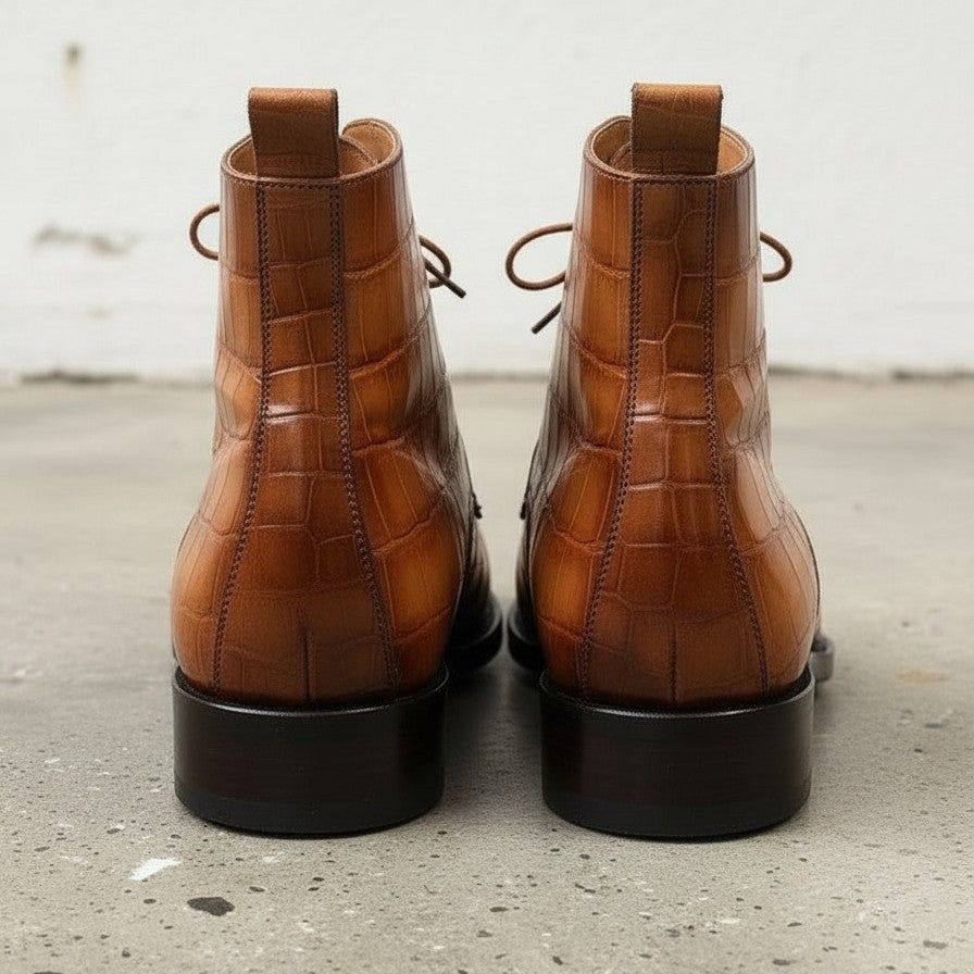 Handmade Men's Tan Brown Crocodile Leather Lace-up  Ankle Boots