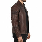 Handmade Mens Brown Leather Jacket, Brown Quilted Genuine Lambskin Biker Jacket