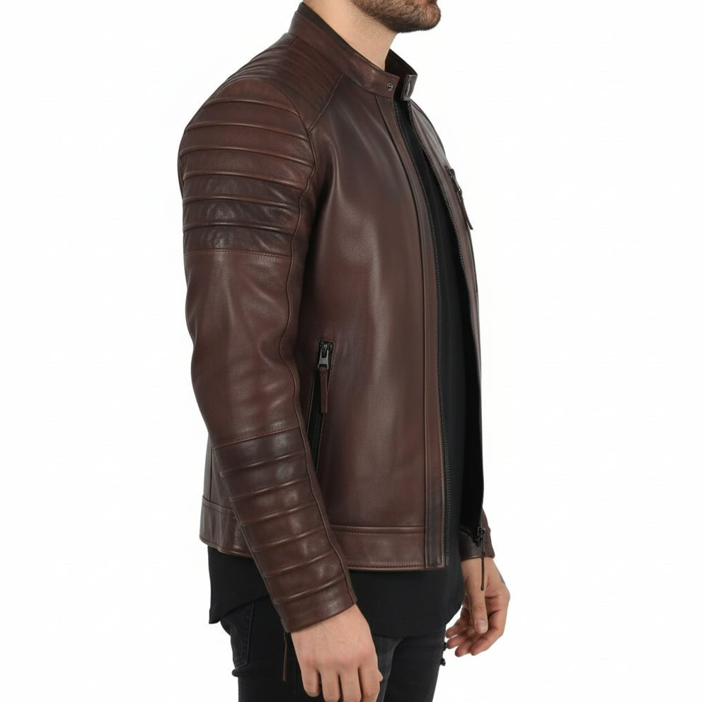 Handmade Mens Brown Leather Jacket, Brown Quilted Genuine Lambskin Biker Jacket