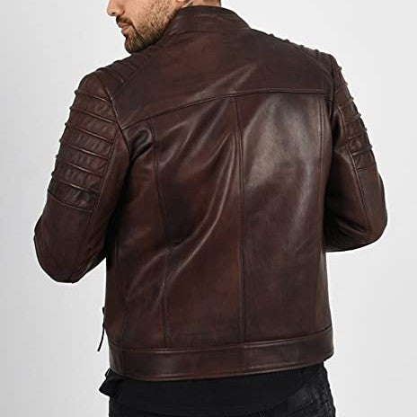 Handmade Mens Brown Leather Jacket, Brown Quilted Genuine Lambskin Biker Jacket