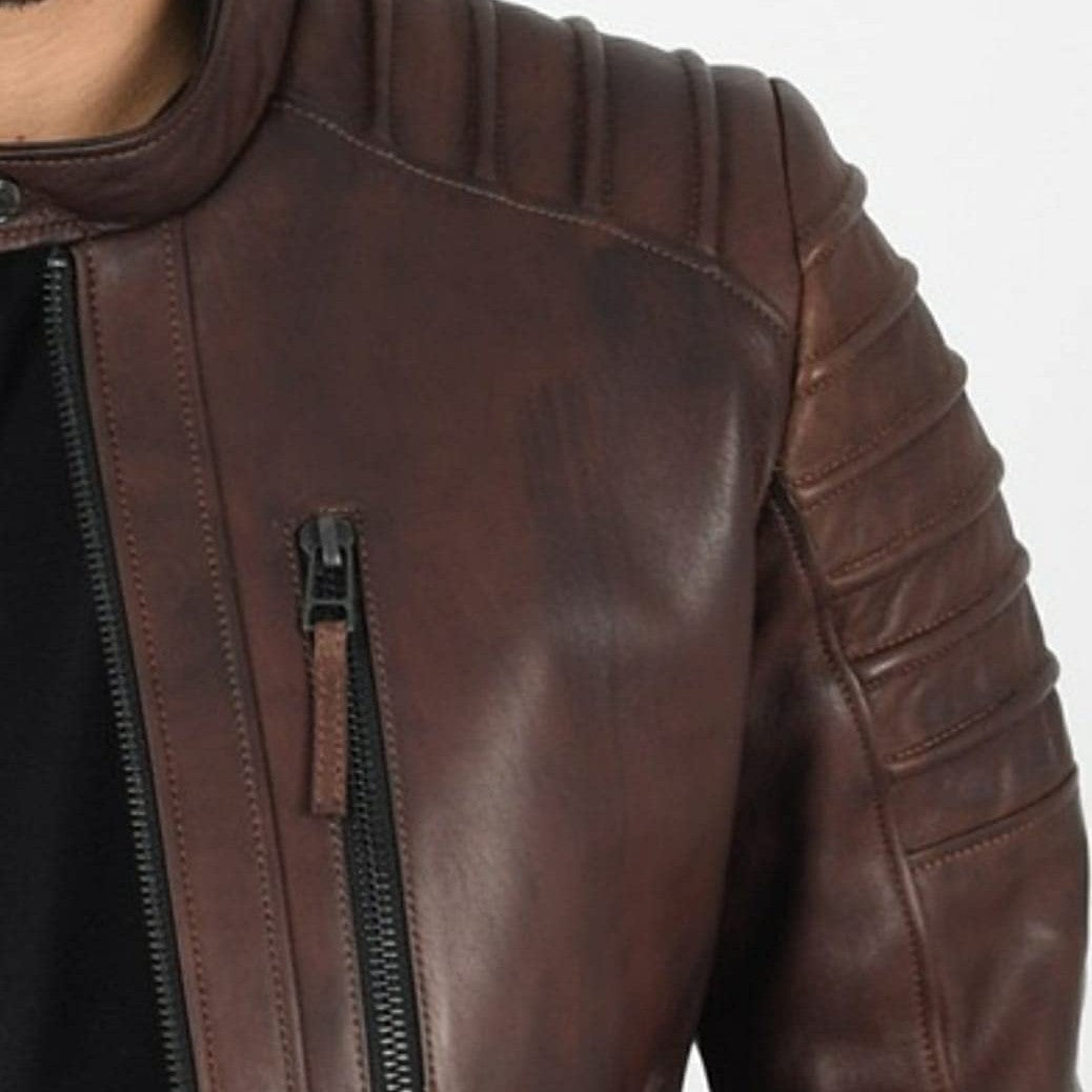 Handmade Mens Brown Leather Jacket, Brown Quilted Genuine Lambskin Biker Jacket