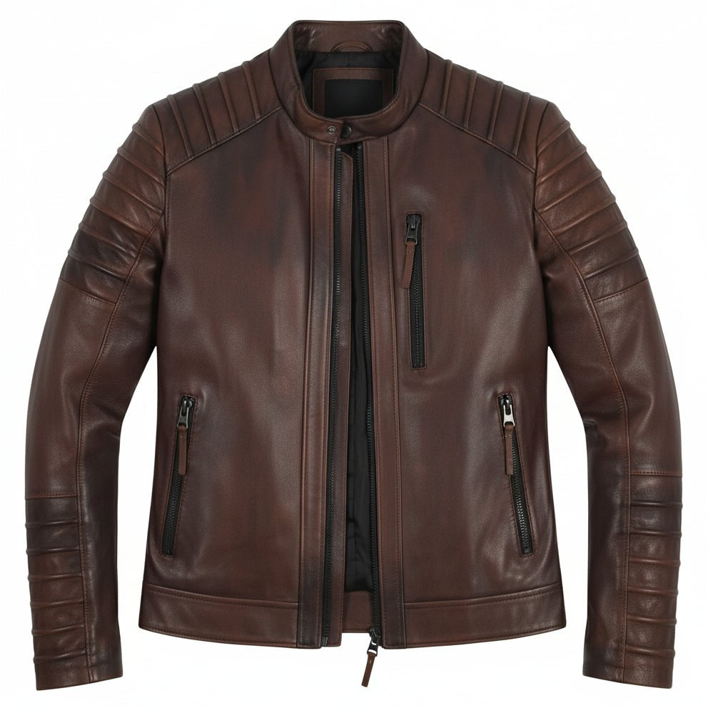 Handmade Mens Brown Leather Jacket, Brown Quilted Genuine Lambskin Biker Jacket