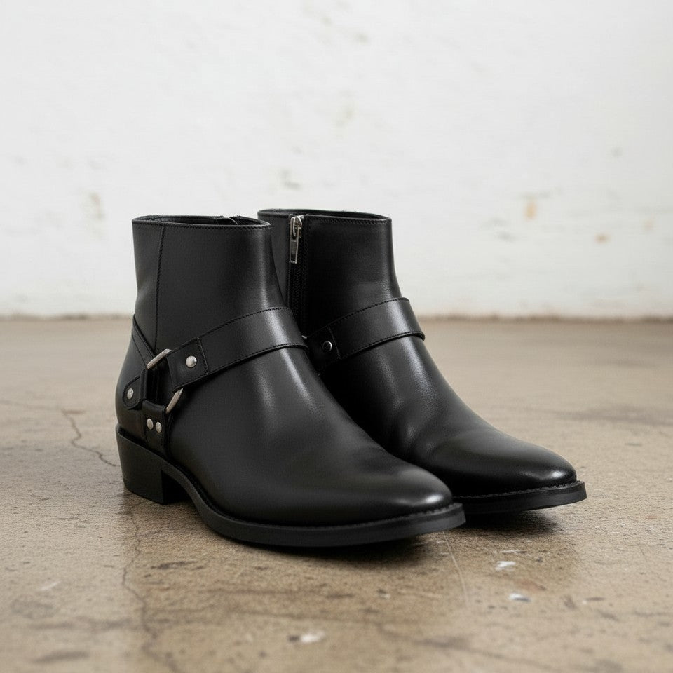 Handmade Men's Black Leather Zipper Ankle Boots