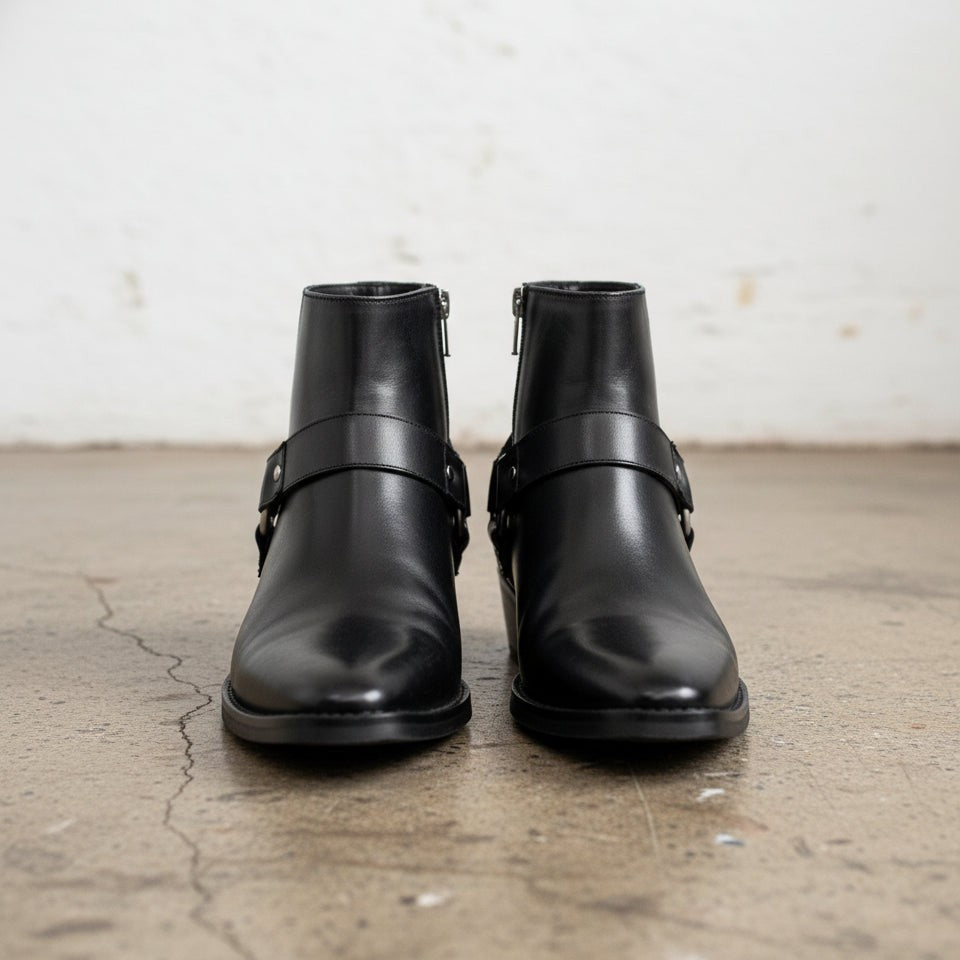 Handmade Men's Black Leather Zipper Ankle Boots