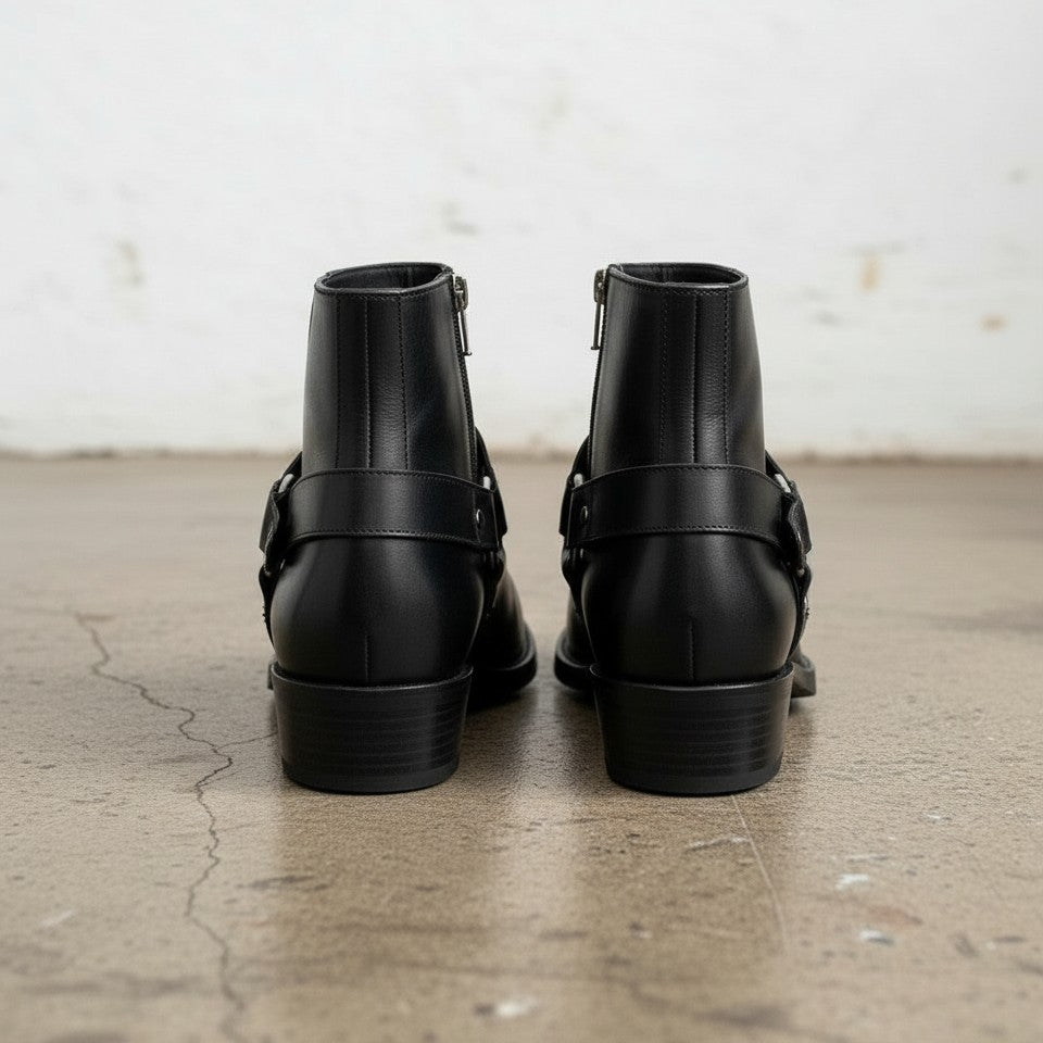 Handmade Men's Black Leather Zipper Ankle Boots