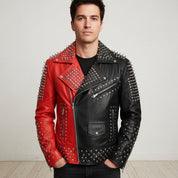 Handmade Mens Two Tone Brando Studded Punk Rock Spikes Motorcycle Biker Jacket