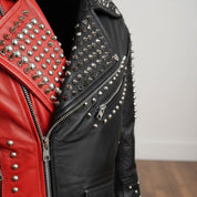 Handmade Mens Two Tone Brando Studded Punk Rock Spikes Motorcycle Biker Jacket