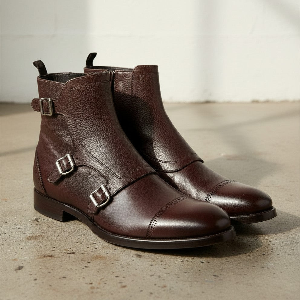 Men's Brown Full-Grain Leather Triple Monk Dress Ankle Boots
