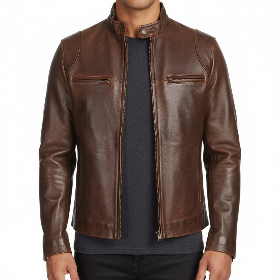 Handmade Classic Men Antique Brown Leather Bomber Jacket, Men Biker Leather Jacket