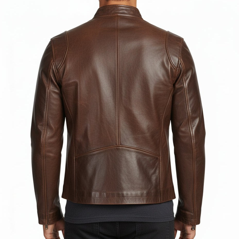 Handmade Classic Men Antique Brown Leather Bomber Jacket, Men Biker Leather Jacket