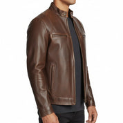Handmade Classic Men Antique Brown Leather Bomber Jacket, Men Biker Leather Jacket