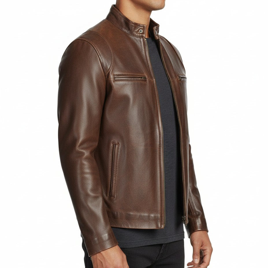 Handmade Classic Men Antique Brown Leather Bomber Jacket, Men Biker Leather Jacket