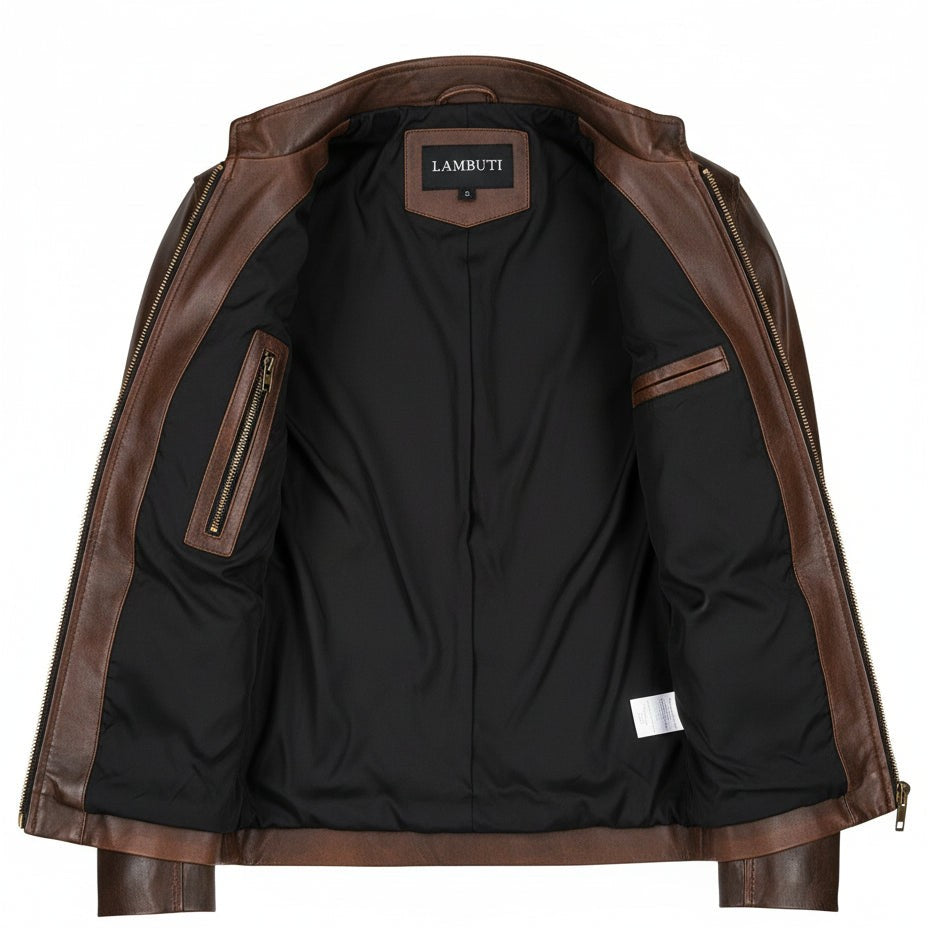 Handmade Classic Men Antique Brown Leather Bomber Jacket, Men Biker Leather Jacket