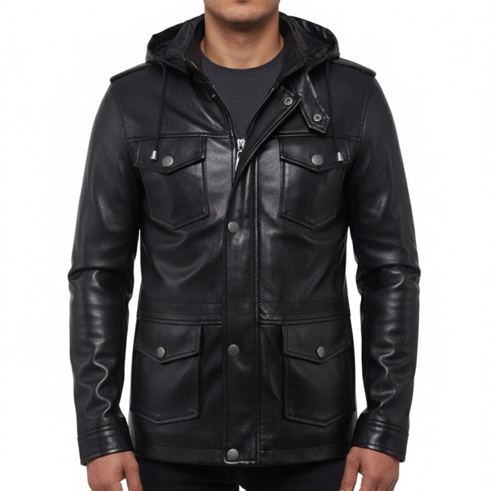 Handmade Mens Black Biker Hooded Leather Jacket, Black Sheep Leather Jacket