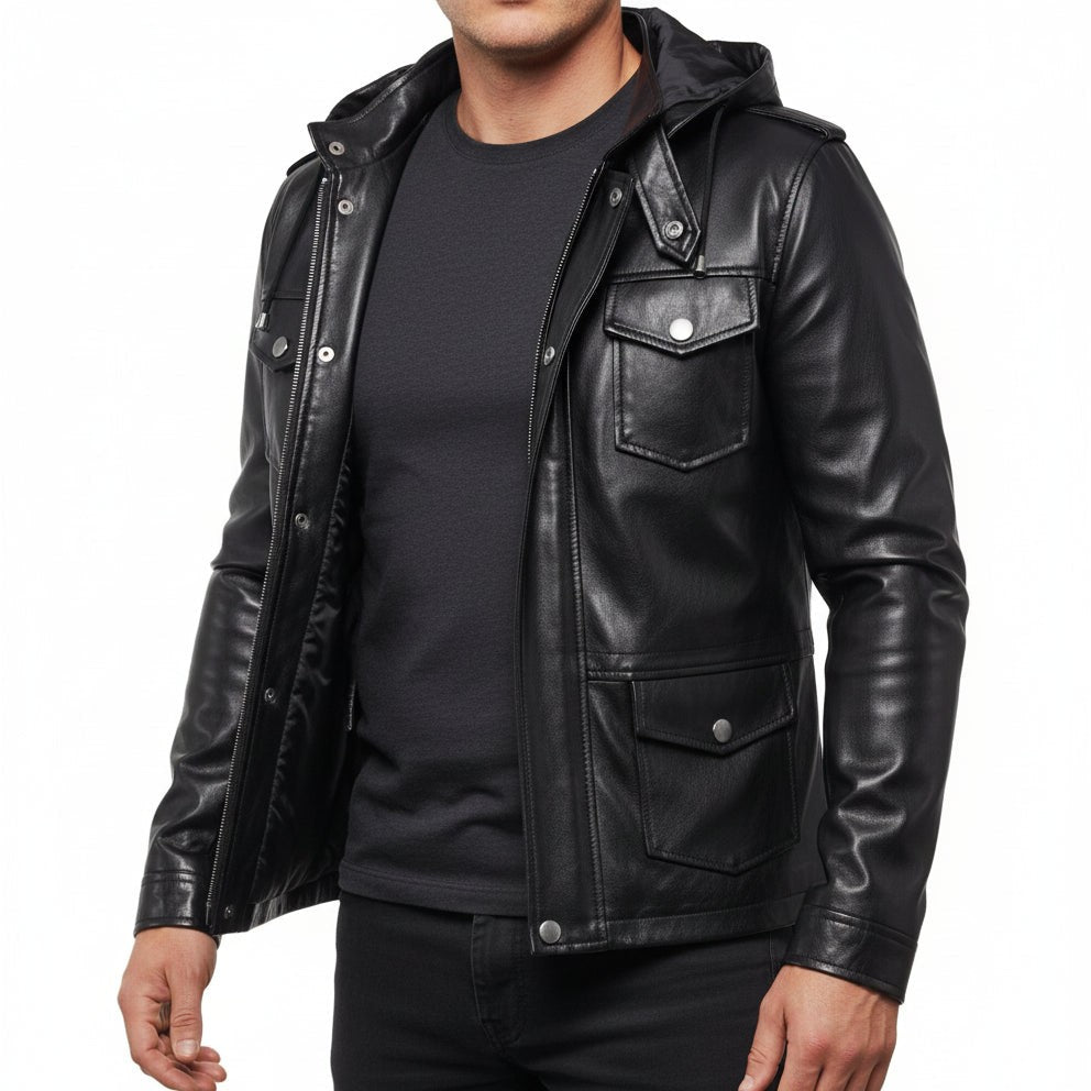 Handmade Mens Black Biker Hooded Leather Jacket, Black Sheep Leather Jacket