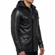 Handmade Mens Black Biker Hooded Leather Jacket, Black Sheep Leather Jacket