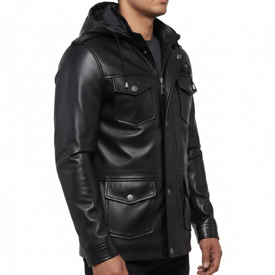 Handmade Mens Black Biker Hooded Leather Jacket, Black Sheep Leather Jacket