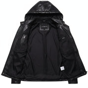 Handmade Mens Black Biker Hooded Leather Jacket, Black Sheep Leather Jacket