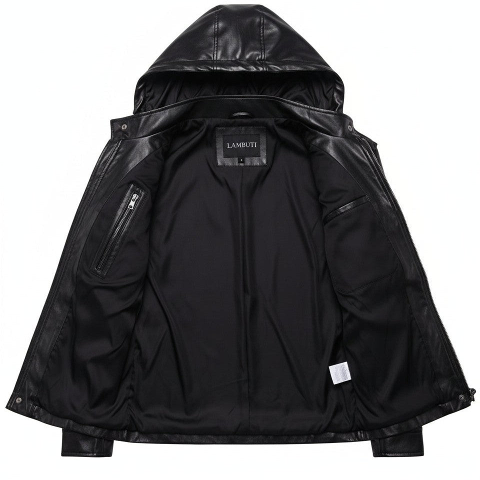 Handmade Mens Black Biker Hooded Leather Jacket, Black Sheep Leather Jacket