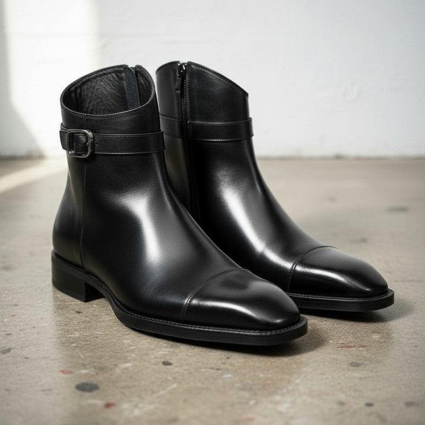 Handmade Men's Black Leather Ankle Boots with Side Zip