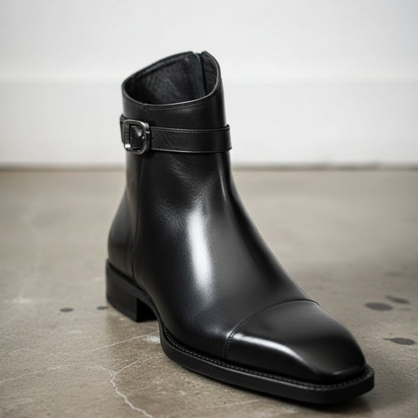 Handmade Men's Black Leather Ankle Boots with Side Zip