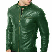 Handmade Men Green Leather Slim Fit Jacket, Men Biker Jacket, Motorcycle Jacket Men