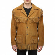 Handmade Men’s Tan Suede Western Fringe Jacket, Classic Cowboy Style