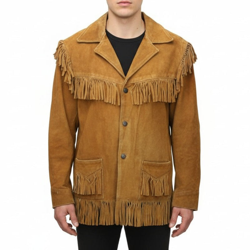 Handmade Men’s Tan Suede Western Fringe Jacket, Classic Cowboy Style