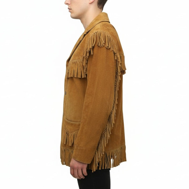 Handmade Men’s Tan Suede Western Fringe Jacket, Classic Cowboy Style